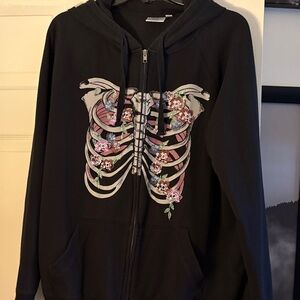 Zip Up Hoodie with Skeleton and Floral Design